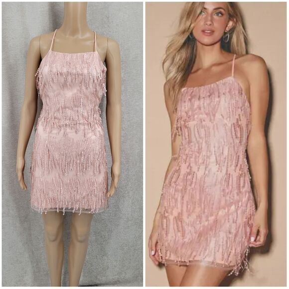 Lulus Making Magic Blush Pink Fringe Lace-Up Mini Dress Women's Size Small - Picture 1 of 13
